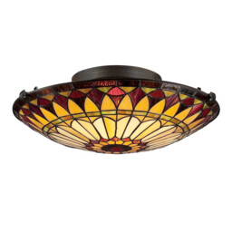 West End 2 Light Flush Ceiling Light Vintage Bronze, Tiffany Glass, E27 - thumbnail 1