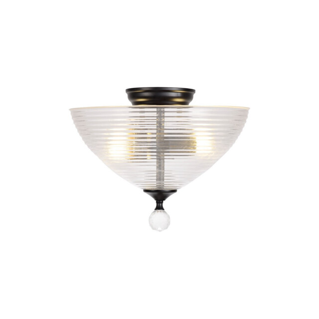 Dresden 2 Light Semi Flush Ceiling Lamp E27 With Round 33.5cm Prismatic Effect Glass Shade Matt Black, Clear - image 1