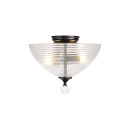 Dresden 2 Light Semi Flush Ceiling Lamp E27 With Round 33.5cm Prismatic Effect Glass Shade Matt Black, Clear