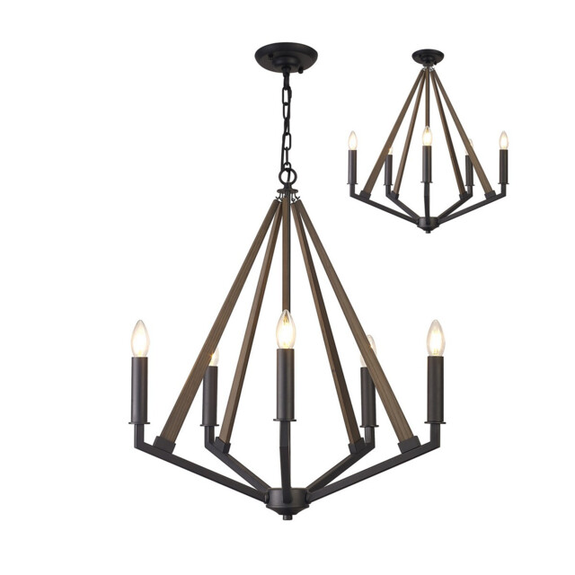 Hilton Pentagonal Pendant 5 Light E14 Satin Black/Dark Grey Wood - image 1