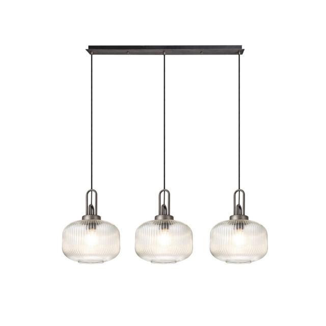 Yorktown Linear 3 Light Pendant E27, Aged Pewter/Matt Black With 30cm Pumpkin Shaped Ribbed Clear Glass - image 1