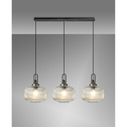 Yorktown Linear 3 Light Pendant E27, Aged Pewter/Matt Black With 30cm Pumpkin Shaped Ribbed Clear Glass - thumbnail 3
