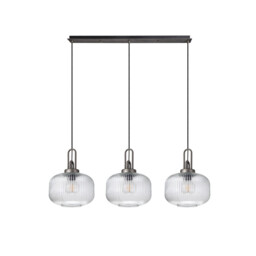 Yorktown Linear 3 Light Pendant E27, Aged Pewter/Matt Black With 30cm Pumpkin Shaped Ribbed Clear Glass - thumbnail 5