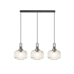 Yorktown Linear 3 Light Pendant E27, Aged Pewter/Matt Black With 30cm Pumpkin Shaped Ribbed Clear Glass - thumbnail 1