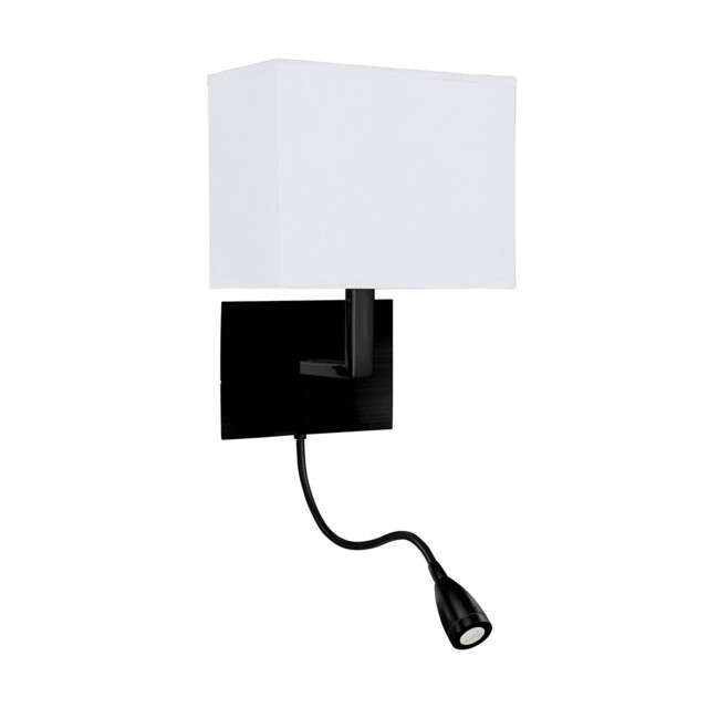 Hotel Wall Light Matt Black, White Fabric Shade with Reading Light - image 1