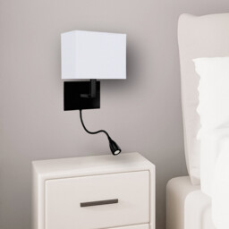 Hotel Wall Light Matt Black, White Fabric Shade with Reading Light - thumbnail 2