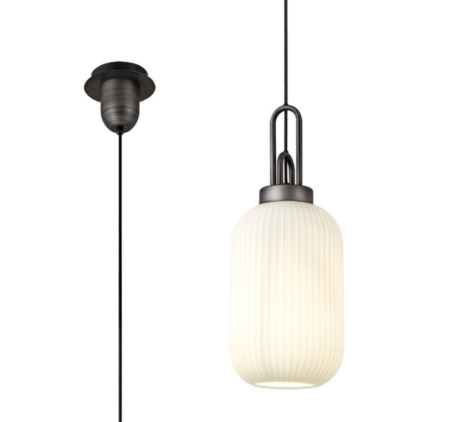 Yorktown 1 Light Pendant E27 20cm Tubular Ribbed Glass, Opal Black, Aged Pewter - image 1