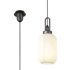 Yorktown 1 Light Pendant E27 20cm Tubular Ribbed Glass, Opal Black, Aged Pewter - thumbnail 1