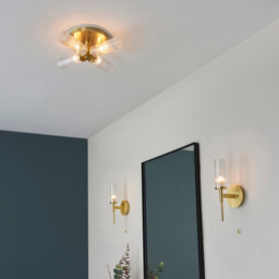 Talo Bathroom Multi Arm Glass Semi Flush Ceiling Lamp, Satin Brass Plate, Ribbed Glass, IP44 - thumbnail 5
