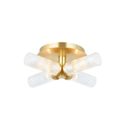 Talo Bathroom Multi Arm Glass Semi Flush Ceiling Lamp, Satin Brass Plate, Ribbed Glass, IP44