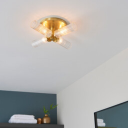 Talo Bathroom Multi Arm Glass Semi Flush Ceiling Lamp, Satin Brass Plate, Ribbed Glass, IP44 - thumbnail 3