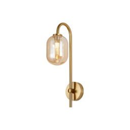 Tivoli Curved Arm Wall Light, 1 Light G9, IP44, Brass Gold/Amber Smooth Tubular Glass