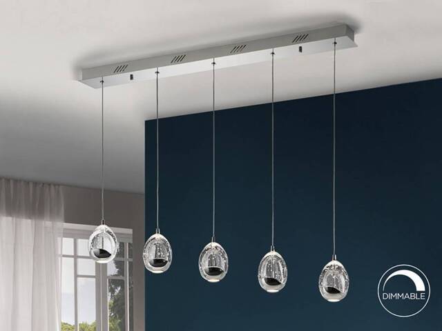 Roc Integrated LED 5 Light Crystal Drop Bar Ceiling Pendant Chrome Bubble Effect - image 1