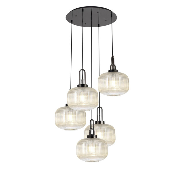 Yorktown 75cm 2.5m Round Pendant, 5 x E27, Black Chrome/Matt Black With 30cm Pumpkin Shaped Ribbed Champagne Glass - image 1