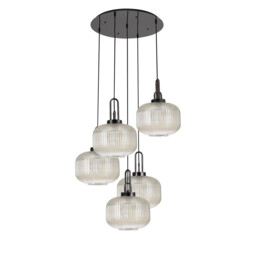 Yorktown 75cm 2.5m Round Pendant, 5 x E27, Black Chrome/Matt Black With 30cm Pumpkin Shaped Ribbed Champagne Glass - thumbnail 5