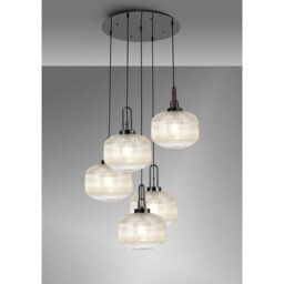 Yorktown 75cm 2.5m Round Pendant, 5 x E27, Black Chrome/Matt Black With 30cm Pumpkin Shaped Ribbed Champagne Glass - thumbnail 3