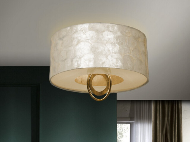 Edan Semi Flush Ceiling Light Cylindrical, Gold, Black Leaf, Mother Of Pearl, 3x E27 - image 1