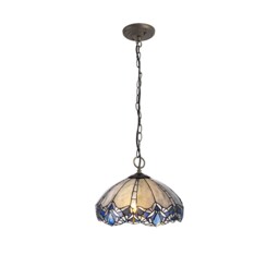 Worcester 3 Light Downlight Ceiling Pendant E27 With 40cm Tiffany Shade, Blue, Clear Crystal, Aged Antique Brass - thumbnail 1