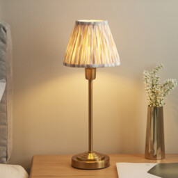 Rise Vintage Brass Finish Table Lamp with Neutral Print Fabric Ikat Shade 16cm E14 - thumbnail 5