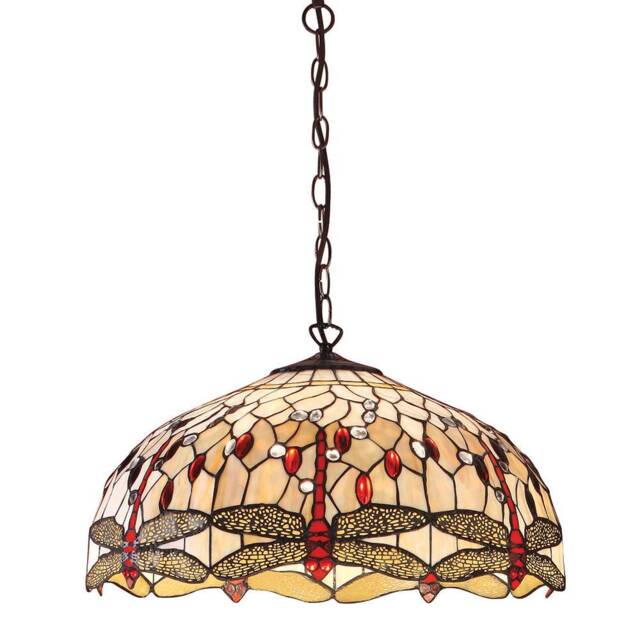Dragonfly Tiffany 3 Light Large Ceiling Pendant Bronze, Beige - image 1