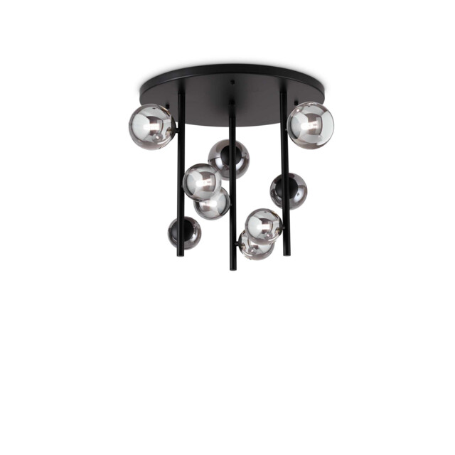 Perlage 9 Light Globe Ceiling Light Black, Amber Glass Shade