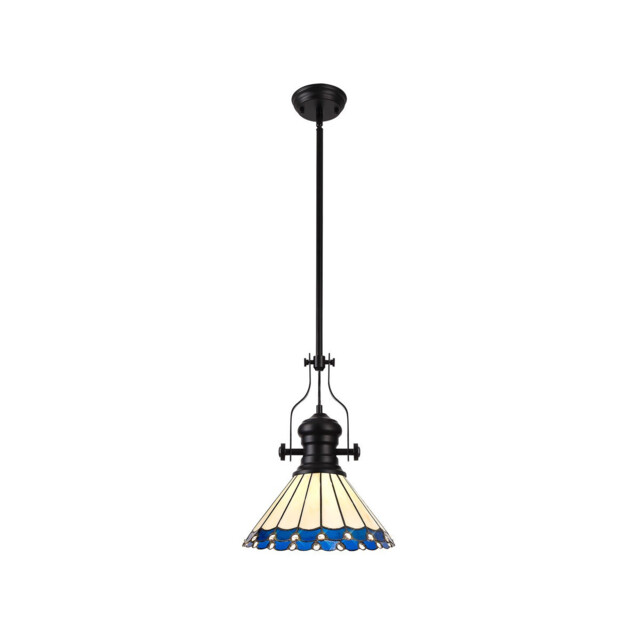 Schroon, Ceiling Pendant E27 With 30cm Tiffany Shade, Matt Black, Blue, Cream, Crystal - image 1