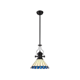 Schroon, Ceiling Pendant E27 With 30cm Tiffany Shade, Matt Black, Blue, Cream, Crystal