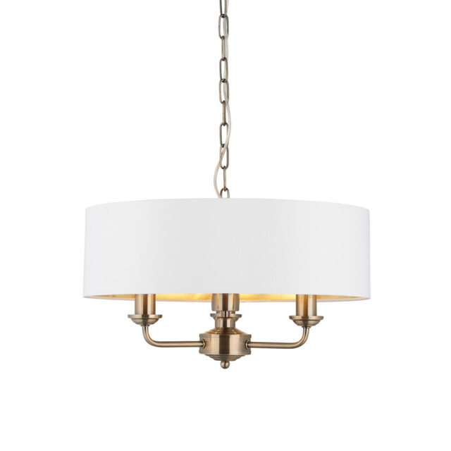 Highclere 3 Lamp Single Shade Pendant Ceiling Lamp, Antique Brass Plate, Vintage White Fabric - image 1