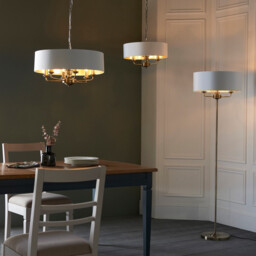 Highclere 3 Lamp Single Shade Pendant Ceiling Lamp, Antique Brass Plate, Vintage White Fabric - thumbnail 3