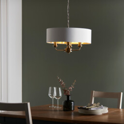 Highclere 3 Lamp Single Shade Pendant Ceiling Lamp, Antique Brass Plate, Vintage White Fabric - thumbnail 5