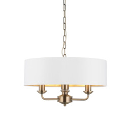 Highclere 3 Lamp Single Shade Pendant Ceiling Lamp, Antique Brass Plate, Vintage White Fabric - thumbnail 1