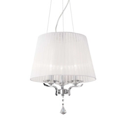 Pegaso  3 Light Multi Arm Ceiling Pendant Chrome, White with Crystals with Organza Shade, E14