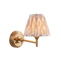 Step Fold Brushed Aged Brass Plate Wall Light with Neutral Print Fabric Ikat Shade 16cm B22