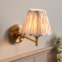Step Fold Brushed Aged Brass Plate Wall Light with Neutral Print Fabric Ikat Shade 16cm B22 - thumbnail 2