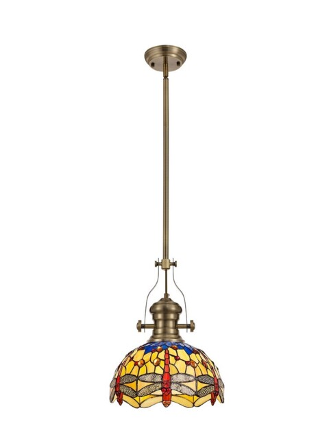 Dekalb 1 Light Telescopic Ceiling Pendant E27 With 30cm Tiffany Shade, Antique Brass, Blue, Orange, Crystal