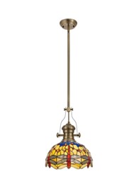 Dekalb 1 Light Telescopic Ceiling Pendant E27 With 30cm Tiffany Shade, Antique Brass, Blue, Orange, Crystal