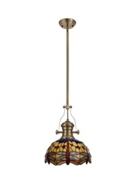 Dekalb 1 Light Telescopic Ceiling Pendant E27 With 30cm Tiffany Shade, Antique Brass, Blue, Orange, Crystal - thumbnail 3
