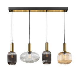 Norma 4 Light Bar Pendant Ceiling Light Black, Brass, 3 Crystal Shades, E27 - thumbnail 1