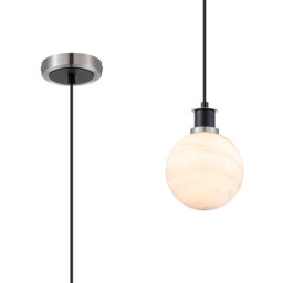 Plattsburgh 1.3m Pendant E14 IP44 With 15cm Round White & Grey Marble Effect Glass Shade, Satin Nickel & Satin Black Framework - thumbnail 1