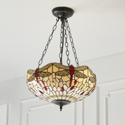 Dragonfly Tiffany 3 Light Medium Inverted Ceiling Pendant Bronze, Beige - thumbnail 3