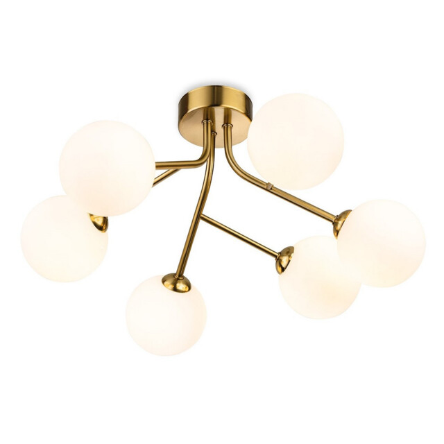 Groves Globe 6 Light Flush Ceiling Fitting Brushed Brass with Opal White Glass 6xG9