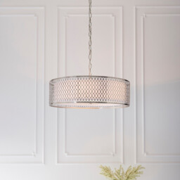Cordero 3 Light Round Ceiling Pendant Satin Nickel Plate & White Cotton Mix, E27 - thumbnail 5