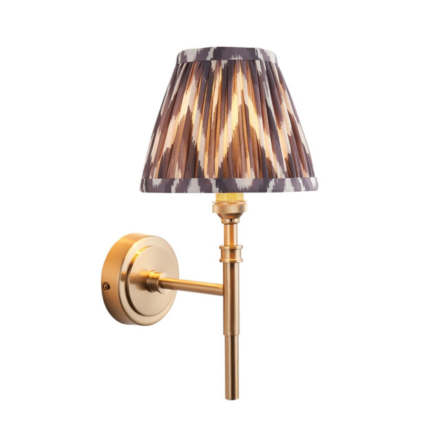 Chester Brushed Aged Brass Plate Wall Light with Pearl Grey Fabric Zigzag Shade 16cm B22 - image 1