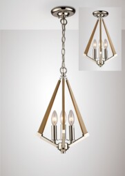 Hilton Tetragonal Caged Ceiling Pendant 3 Light E14 Polished Nickel, Taupe Wood - thumbnail 2
