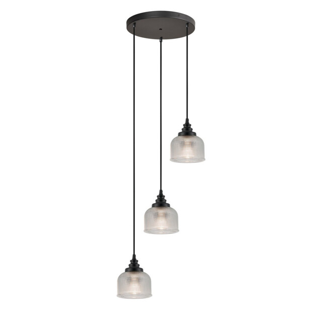 DeRuyter 3 Light Round Pendant, E27 Satin Black/Prismatic Dome Glass, Clear - image 1