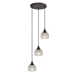 DeRuyter 3 Light Round Pendant, E27 Satin Black/Prismatic Dome Glass, Clear - thumbnail 1