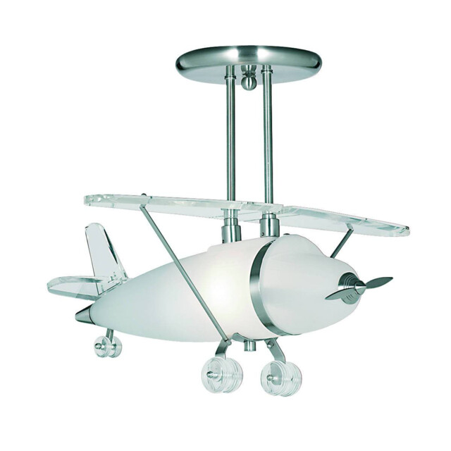 Novelty Aeroplane Semi Flush Ceiling Light Satin Silver and Glass, E27 - image 1