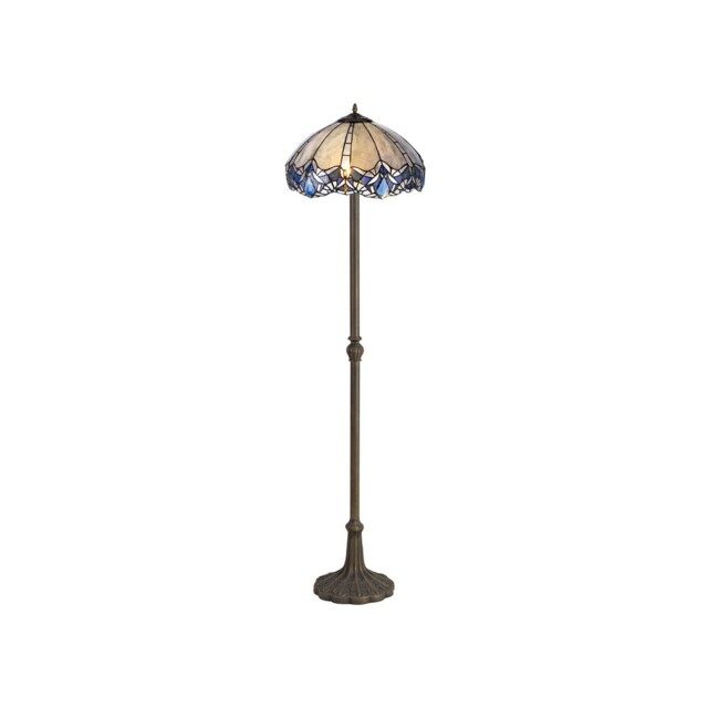 Worcester 2 Light Leaf Design Floor Lamp E27 With 40cm Tiffany Shade, Blue, Clear Crystal, Aged Antique Brass - image 1