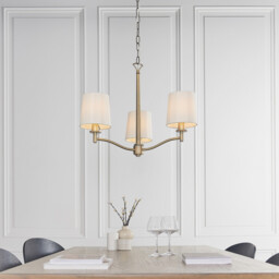 Ortona 3 Light Multi Arm Pendant Matt Antique Brass, Vintage White Faux Silk, E14 - thumbnail 2