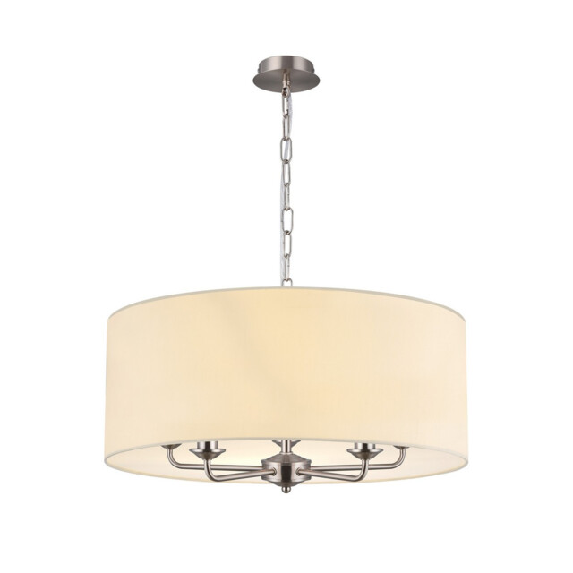 Banyan 5 Light Multi Arm Pendant, E14 Satin Nickel With 60cm x 22cm Faux Silk Shade, Ivory Pearl/White Laminate - image 1
